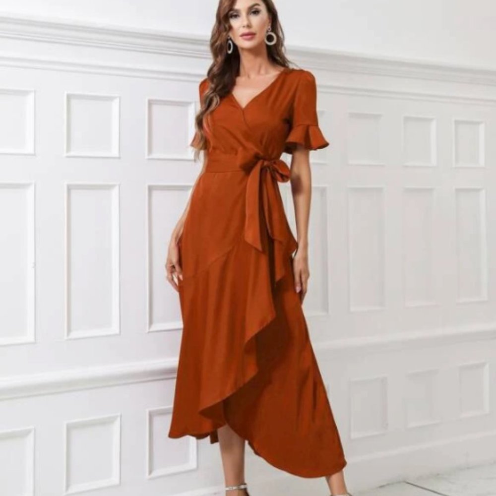 Terra Cotta Faux Wrap style Midi Dress - M